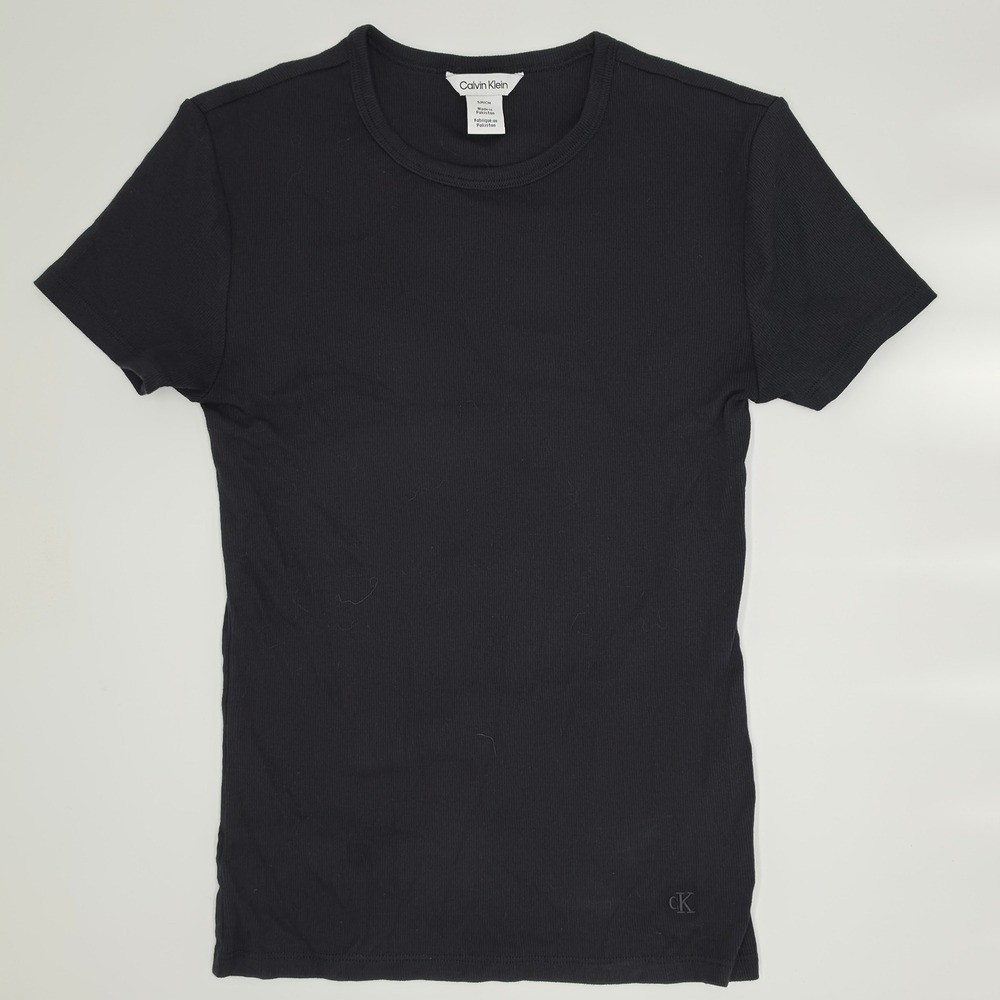 Calvin Klein Womens Black Ribbed Short Sleeve Crew Neck T-Shirt Small CK Logo